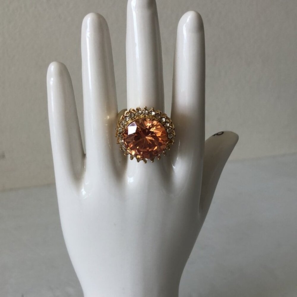 Cocktail Ring Gold Plated w Round Champagne Stone & Surround CZ Stones Sz.7.25